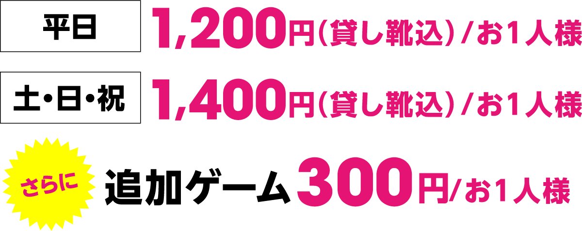 平日 1,200円（貸し靴込）/1人、土・日・祝 1,400円（貸し靴込）/1人、さらに追加ゲーム300円/1人